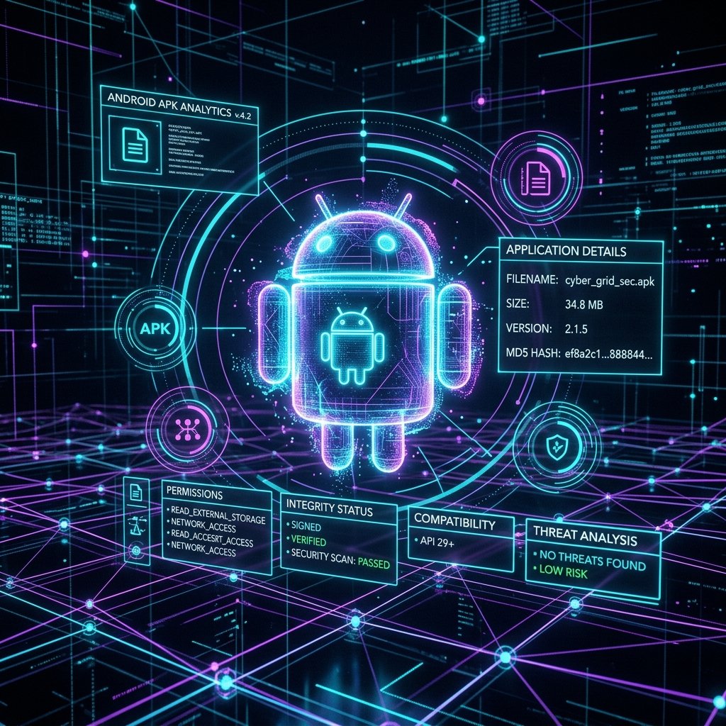 Futuristic holographic Android mascot representing APK security analysis dashboard