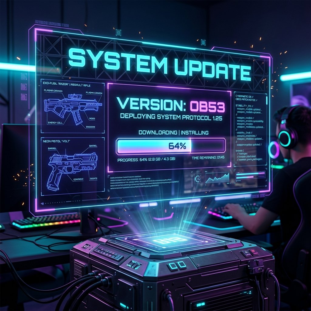 Futuristic digital update interface showcasing Free Fire OB53 patch logo and loading stats