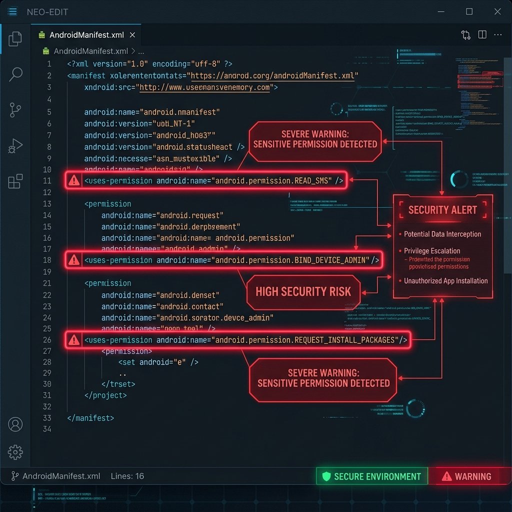 Code visualization highlighting high-risk permissions inside an AndroidManifest.xml file with red warning alerts