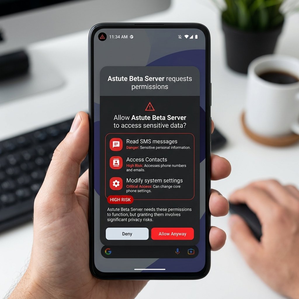 Smartphone interface displaying unverified permission requests and phishing warnings