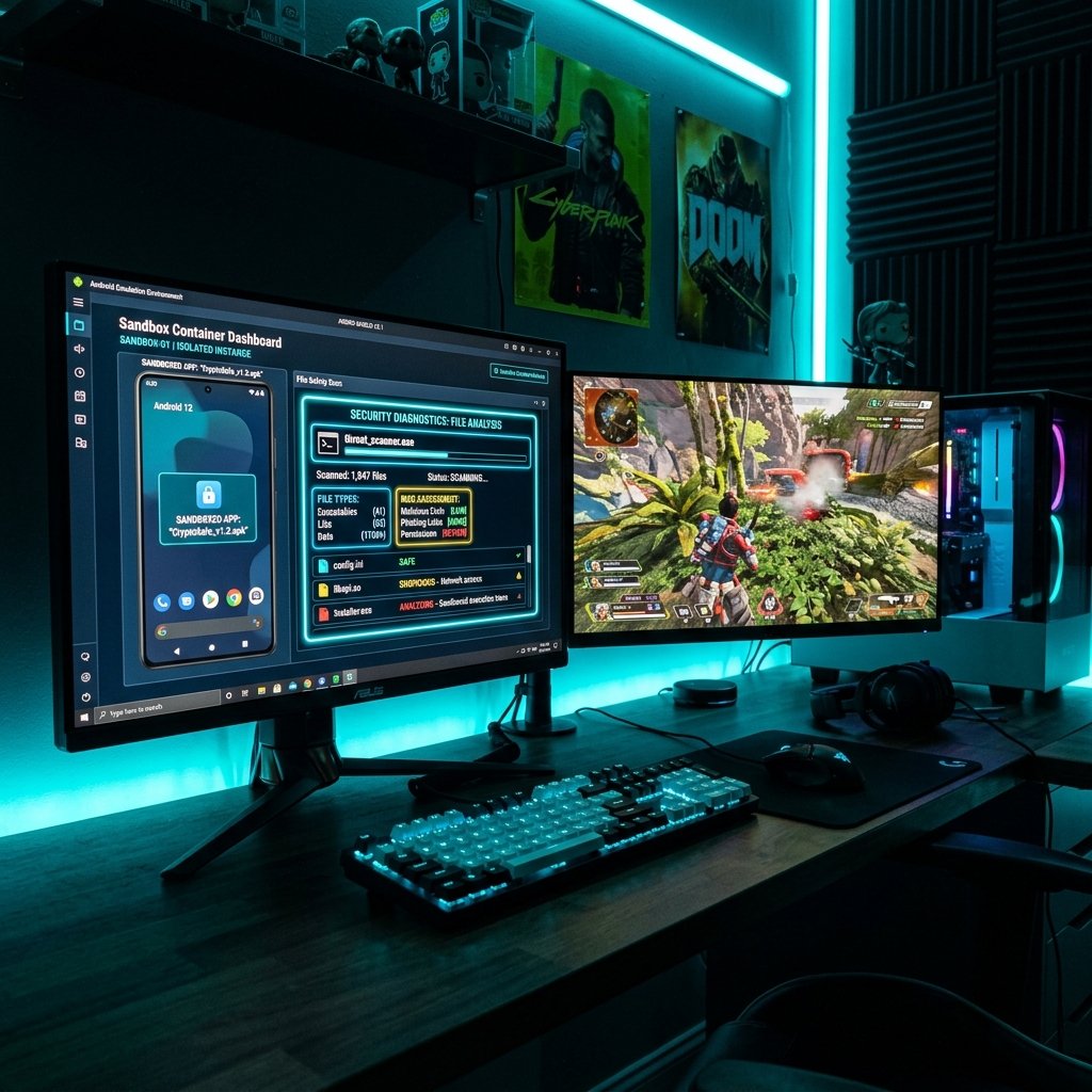 A gaming PC screen showcasing dynamic sandbox testing of a suspicious APK file inside an emulator