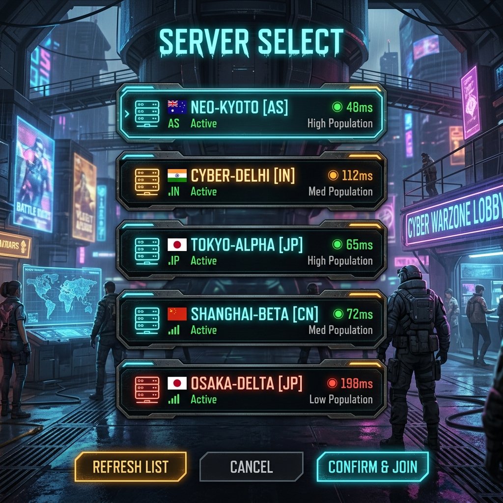 Server selection UI dashboard showing verified network connection checks and secure host routing